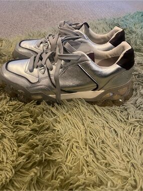 Jimmy Choo Silver Metallic Chunky Sneakers with Dark Heel
